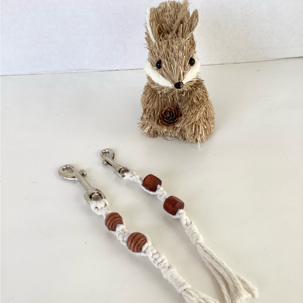 Purse Bag Charm Keychain Hand Crafted Beaded Macrame Cotton White Brown